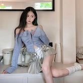 BXOXO French fashion and elegant long-sleeved off-shoulder striped shirt women tops unique casual one-shoulder slim short top clothing